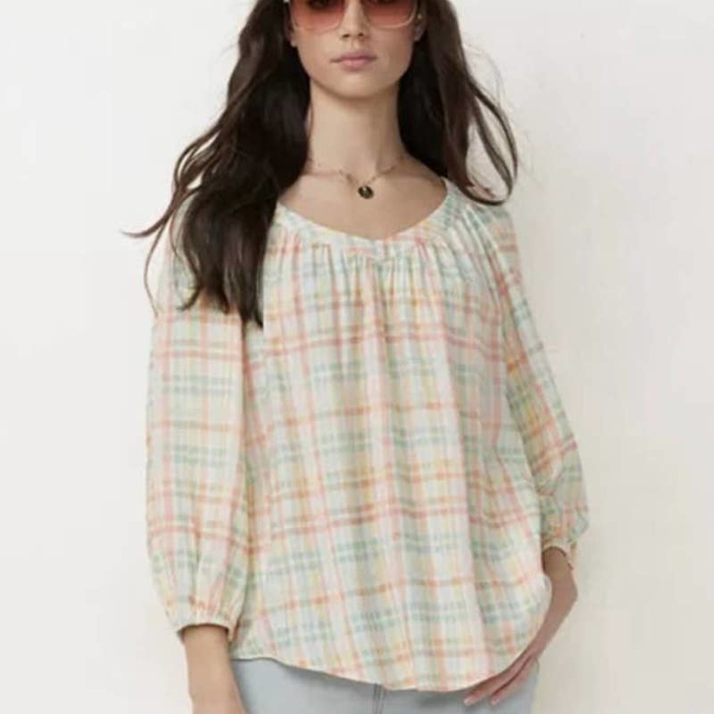 LC Lauren Conrad  plaid V Neck Peasant Blouse Size  XXL (NWOT)